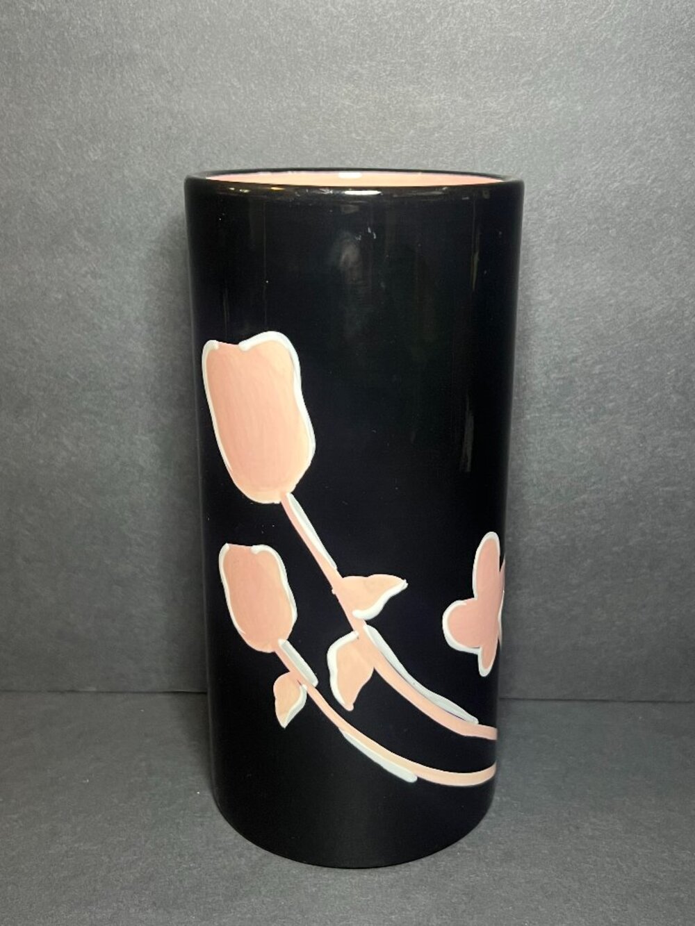 Mary Kay Cosmetics Star Award Black & Pink Ceramic Floral Tulip Flower Vase 7"
